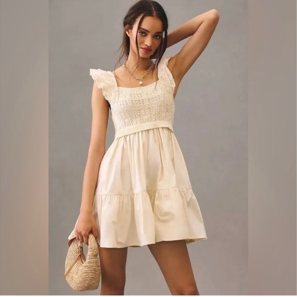 NWT $160 Anthropologie EN SAISON Creme Ruffled Square Neck Mini Dress Sz Medium